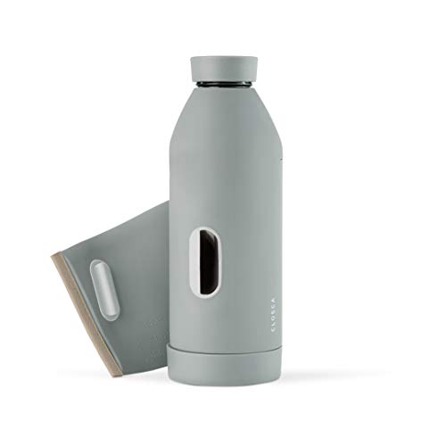 Closca Botella de Agua de Cristal 420ml Bottle. Cantimplora de Vidrio Libre de BPA. Doble Apertura y Solapa Elástica para fácil Transporte. (Gray/Beach)