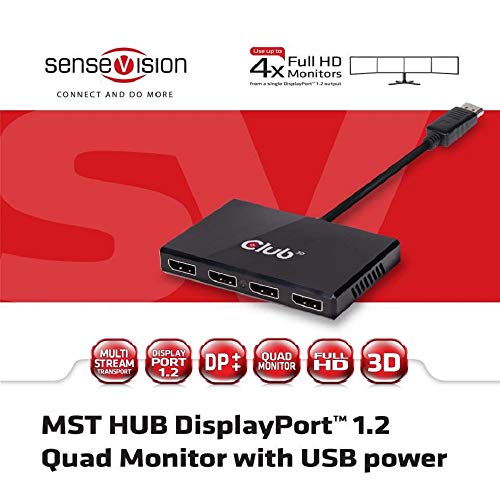 CLUB3D Multi Stream Transport Hub DisplayPort 1.2 Quad Monitor USB Powered - Splitter de vídeo (DisplayPort, 0,13 m, 1920 x 1080 Pixeles, 60 Hz, Negro, EMI CE, FCC, WEEE, ROHs)