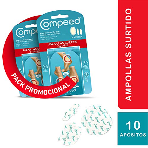 COMPEED Ampollas Surtido, 5 Apósitos Hidrocoloides - Pack de 2 (Total 10), Tratamiento de Pies, Un paquete contiene 2 x Medianas, 2 x Pequeñas, 1 x Entre dedos