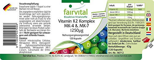 Complejo de Vitamina K2 - Menaquinona MK-4 y MK-7 1250µg - VEGANO - Dosis elevada - Menaquinona MK-7 - 120 Cápsulas - Calidad Alemana