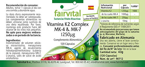 Complejo de Vitamina K2 - Menaquinona MK-4 y MK-7 1250µg - VEGANO - Dosis elevada - Menaquinona MK-7 - 120 Cápsulas - Calidad Alemana