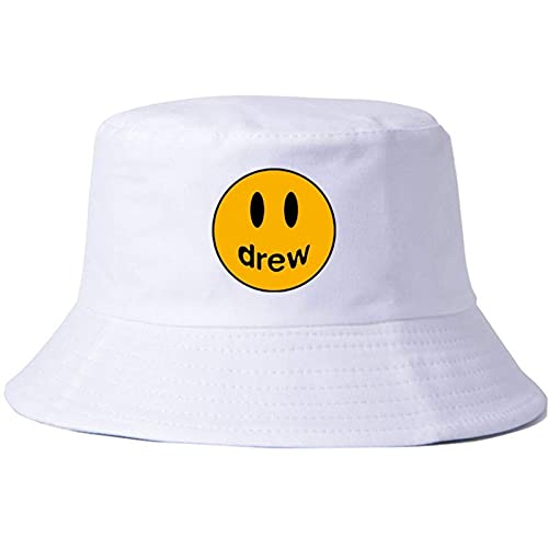 CQXSKWZ Drew House - Sombrero de cubo con estampado sonriente para verano, casual, estilo pescador, hip hop, visera para el sol al aire libre, blanco, Talla única