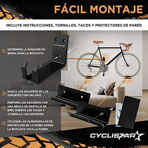 CYCLISTAR Soporte de pared para bicicletas de hasta 40 kg - robusto soporte de pared para MTB, bicicleta de carretera, e-bike - soporte de pared para bicicletas con suspensión de pedales + 2 soportes