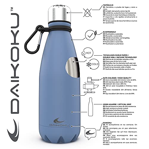 Daikoku Botella Acero Inoxidable + Cinta ajustable + Mosquetón, Termo Doble Pared Libre de BPA, Botella Agua Reutilizable, Tapón Hermético, Color Azul, Capacidad 350 ML