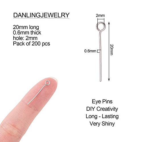 DanLingJewelry Aproximadamente 200 alfileres de acero inoxidable 304 para cabeza de ojo, para joyería de calibre 24 (aproximadamente 20 mm de largo, pin: 0,6 mm, agujero: 2 mm)