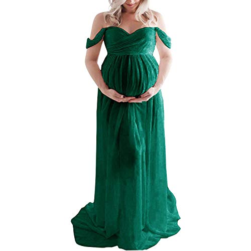 Daysskk Vestido de maternidad para sesión de fotos vestido de gasa fuera del hombro embarazo sesión de fotos vestido fluido, verde, M