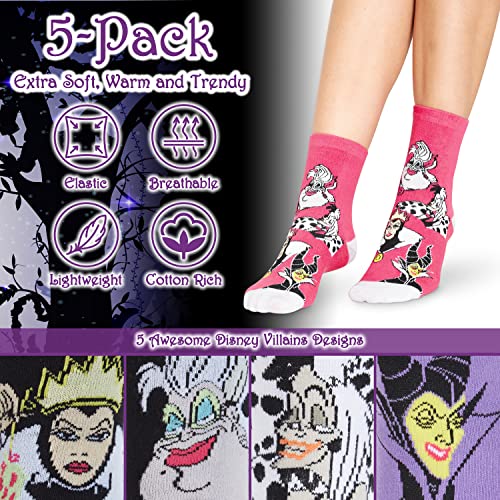 Disney Calcetines Mujer Divertidos de Princesas y Villanas, Pack de 5 Calcetines Altos Mujer, Regalos Originales para Mujer (Villanos Morados)