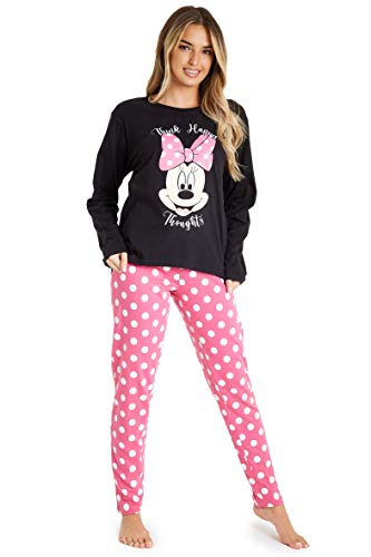 Disney Minnie Mouse Pijama Mujer Invierno, Pijamas Algodon Mujer, Conjunto de Pijama Mujer con Camiseta Manga Larga, Pijamas Adultos Divertidos, Regalo Mujeres (S, Negro)