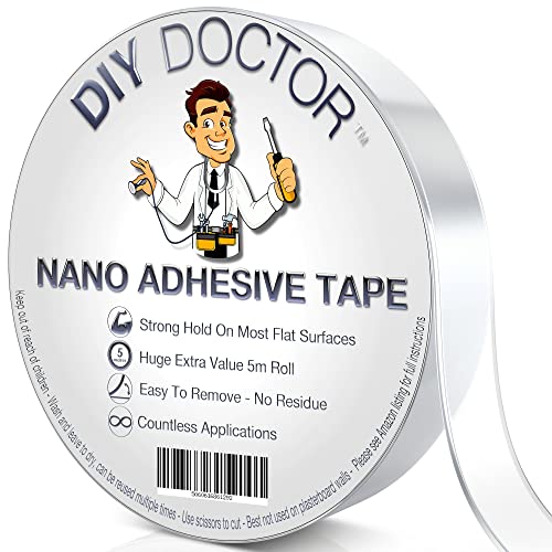Diy Doctor Nano Cinta Adhesiva de Doble Cara - Cinta Multiusos Reutilizable con Gran Fuerza de Agarre – Cinta de Gel Extraíble Sin Dejar Marcas – Gran Rollo de 30 mm x 5 m