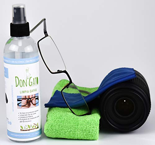 Don Gato - Liquido Limpiador en Spray para Gafas y Lentes (250 ml) + 2 paños de Micro Fibra. Fabricado en España con Productos Naturales, sin Alcohol, sin amoniaco.