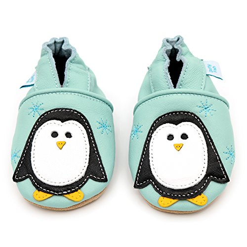 Dotty Fish Zapatos de Cuero Suave para bebés. Antideslizante. Pingüino Azul Claro. 6-12 Meses (19 EU)