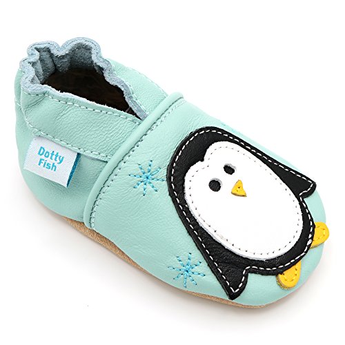 Dotty Fish Zapatos de Cuero Suave para bebés. Antideslizante. Pingüino Azul Claro. 6-12 Meses (19 EU)