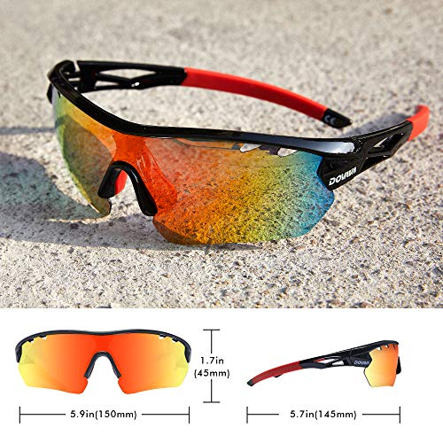 DOVAVA Gafas Ciclismo Hombre Mujer con 4 Lentes Intercambiables , Gafas de Sol Polarizadas Protección UV 400 para Deportivas Running Bicicleta MTB Golf Surf (850-Negro/Rojo)