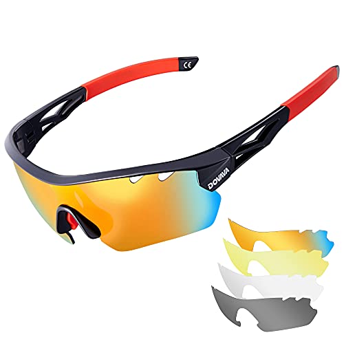 DOVAVA Gafas Ciclismo Hombre Mujer con 4 Lentes Intercambiables , Gafas de Sol Polarizadas Protección UV 400 para Deportivas Running Bicicleta MTB Golf Surf (850-Negro/Rojo)