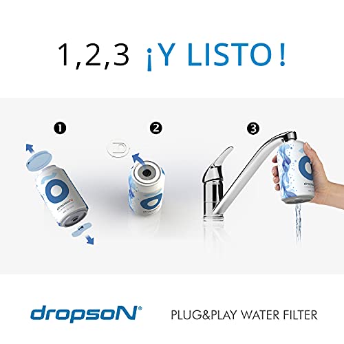 dropson Lata filtrante Filtro de Agua para Grifo, Membrana de microfiltración 100% Natural, 300 litros de Agua filtrada, monitorizable con Smartphone, Llena una Jarra de 1L en 1 min.
