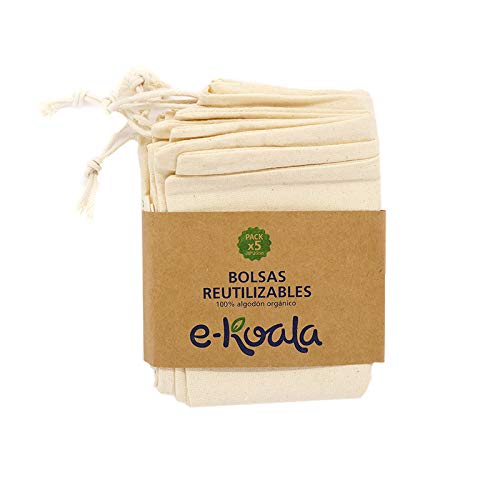 e-koala Bolsas reutilizables de algodón | Kit de 5 bolsas de algodón orgánico | Bolsas reutilizables de compra