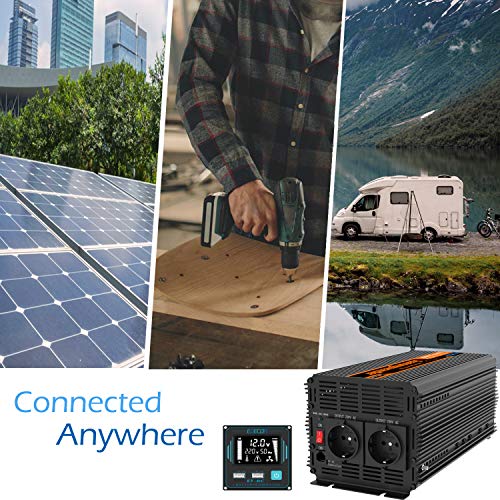 EDECOA inversor 12v 220v Onda Pura 2000w convertidor de Corriente con Mando 2X USB para Autocaravana para Coche Placa Solar Sistema de Aislamiento galvanico (2a generacion)