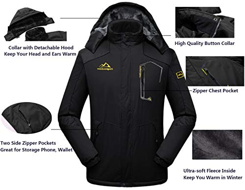 EKLENTSON Mens Walking Jacket Winter Waterproof Fleece Snow Clothes Zip Pockets with Hood Black