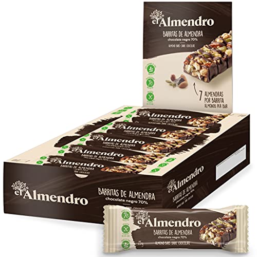 El Almendro, Barritas de Almendra y Chocolate Negro 70%, Barritas Energeticas, 10 porciones de 25 Gramos, 250 Gramos