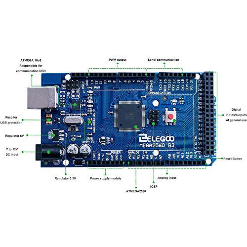 ELEGOO Mega de 2560 R3 Tarjeta Placa Compatible con Arduino IDE con Microcontrolador Basada en el Mega con USB Cable Azul Versión Mega Kit