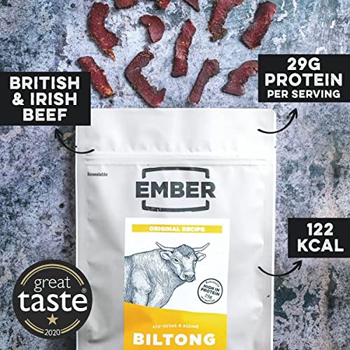 Ember Biltong 1kg – Beef Jerky - Cecina de Vaca - Aperitivo alto en Proteínas - Original y Chilli (4x250g) (Original)