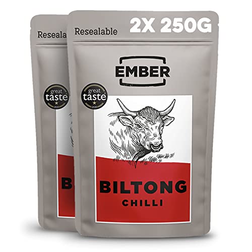 Ember Biltong 500g - Beef Jerky - Cecina de Vaca - Aperitivo alto en Proteinas - Original y Chilli (2x250g) (Chilli)