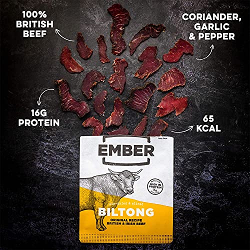 Ember Biltong – Original Beef Jerky - Cecina de Vaca - Aperitivo alto en Proteínas - Original y Chilli (Paquete de 10x28g) (Original)