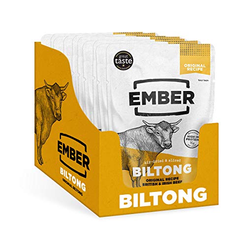 Ember Biltong – Original Beef Jerky - Cecina de Vaca - Aperitivo alto en Proteínas - Original y Chilli (Paquete de 10x28g) (Original)