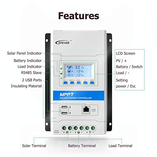 EPEVER® 30A MPPT Controlador de Carga Solar Voltaje del Sistema de Identificación Automático de 12V/24V con Pantalla LCD y Puerto USB - TRIRON 3210N