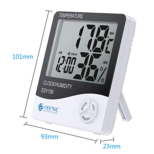 eSYNIC Digital Medidor Termómetro Higrómetro LCD con Reloj de Alarma Monitor de Humedad de Temperatura Interior para el Familia Oficina