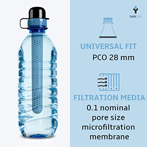 Faircap Purificador de Agua portátil Mini - Filtra el 99.99% de bacterias y Otros patógenos - Ideal para Viajes, Caminatas, campamentos y Deportes de Aventura - para Botellas de Pet de 28 mm.