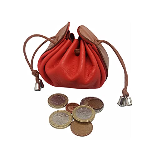 FIONCCI Monedero Mujer Piel Auténtica Tipo Saco con Cordón - Portamonedas de Señora (Rojo)