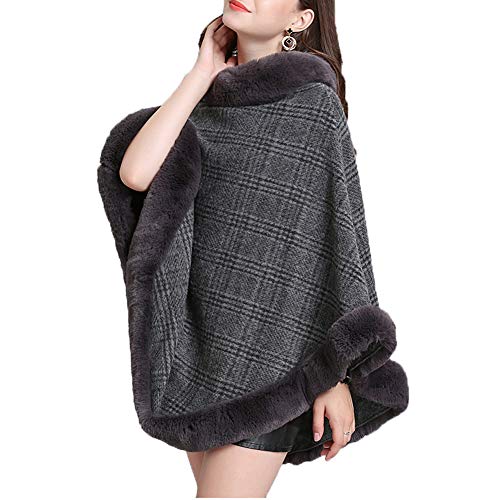 FOLOBE Suéter de Piel sintética para Mujer Poncho Oversize Cape Chal de Abrigo Elegante con Cuello de Piel sintética