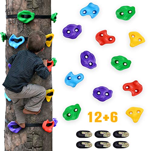 Furuix - 12 soportes para escaladores de árbol ninja para escaladores de niños, rocas de escalada para adultos con 6 correas de trinquete para entrenamiento al aire libre Ninja Warrior obstáculos