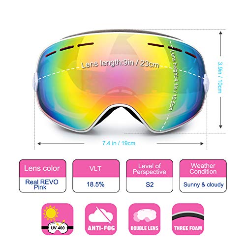 Gafas de esquí y snowboard para hombres y mujeres jóvenes, OTG antivaho para la nieve con protección UV400 para deportes al aire libre rosa