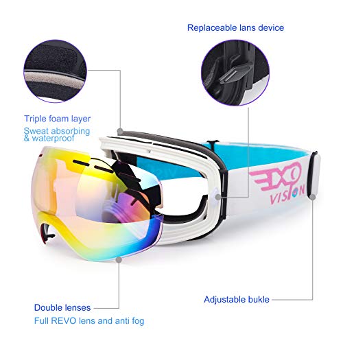 Gafas de esquí y snowboard para hombres y mujeres jóvenes, OTG antivaho para la nieve con protección UV400 para deportes al aire libre rosa