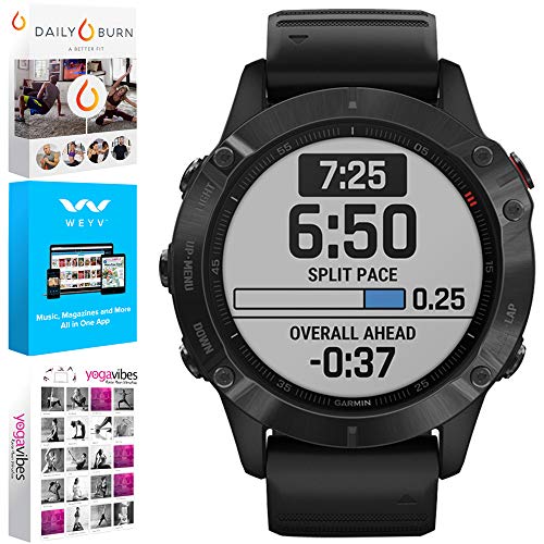 Garmin 010-02158-01 Fenix 6 PRO Multisport GPS Smartwatch Black with Black Band Bundle with Tech Smart USA Fitness and Wellness Suite Includes Altair Weyv, Yoga Vibes and Daily Burn