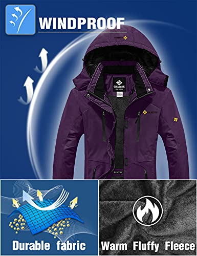 GEMYSE Chaqueta de Esquí Impermeable de Montaña para Mujer Abrigo de Invierno de Lana Antiviento con Capucha (Morado Oscuro,2XL)