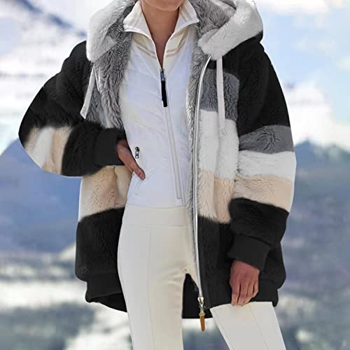 Generic Chaqueta de punto de peluche con capucha para mujer, chaqueta de forro polar, chaqueta de felpa con capucha, chaqueta de pelo sintético, chaqueta de punto con cremallera, abrigo de invierno