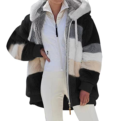 Generic Chaqueta de punto de peluche con capucha para mujer, chaqueta de forro polar, chaqueta de felpa con capucha, chaqueta de pelo sintético, chaqueta de punto con cremallera, abrigo de invierno
