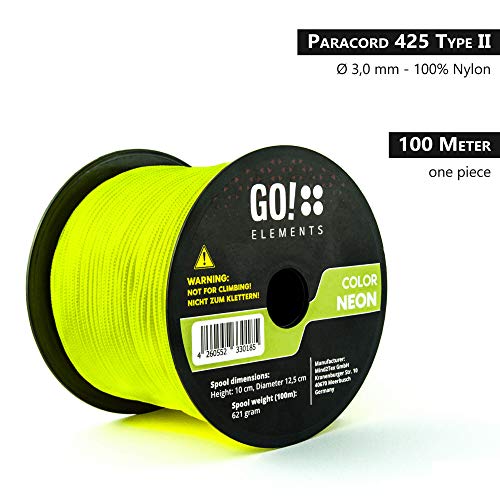 GO!elements 100m Cuerda Paracord de Nylon Resistente al desgarro - 3mm Paracord 425 Tipo II líneas como Cuerda para Exteriores, Cuerda para Todo Uso - línea de Nylon MAX. 192kg, Color:Neon