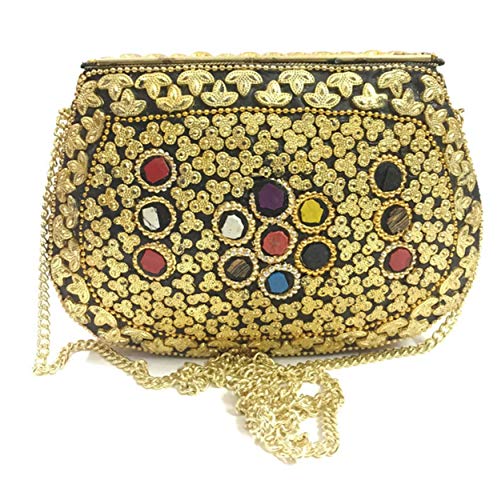 Golden Indian étnico vintage metal bolsa de metal mosaico embrague Monedero bolso de fiesta para mujeres Boda caja de la borla de embrague
