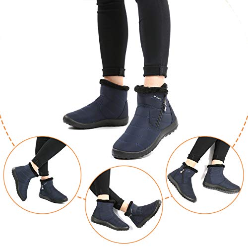 gracosy Botas de Mujer 2021 Otoño Invierno Goma Encaje Forro de Piel Punta Redonda Botas de Nieve Zapatos de Trabajo Formal Calzado Antideslizante Ligero Botines Que Caminan Azul 43