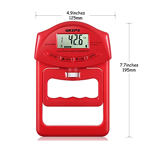 GRIPX Medidor de medición digital de mano con dinamómetro de fuerza de agarre, medidor de medición de captura automática electrónica, agarre de mano de 90 kg, color rojo