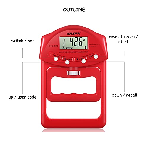 GRIPX Medidor de medición digital de mano con dinamómetro de fuerza de agarre, medidor de medición de captura automática electrónica, agarre de mano de 90 kg, color rojo
