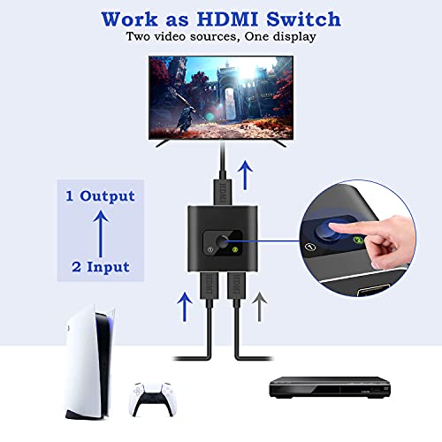 HDMI Switch, Conmutador HDMI Switcher Bidireccional Entrada 2 a 1 Salida o Switch 1 a 2 Salida, Soporta 4K, 3D y 1080P para HDTV, BLU-Ray Player, PS3, PS4, DVD, DVR, Xbox, etc (4K@30Hz)
