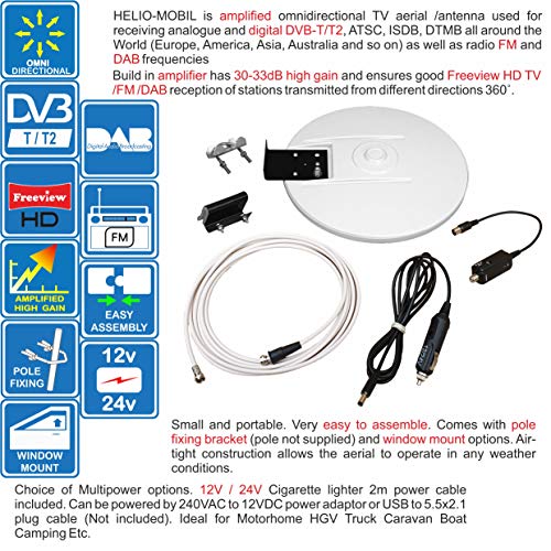 Helio - Antena de TV HD Digital omnidireccional con 33dB Incorporado en Amplificador para TDT FM Dab. Fuente de alimentación de 12V / 24V para Autocaravanas Camiones Caravanas Barcos por Unispectra®
