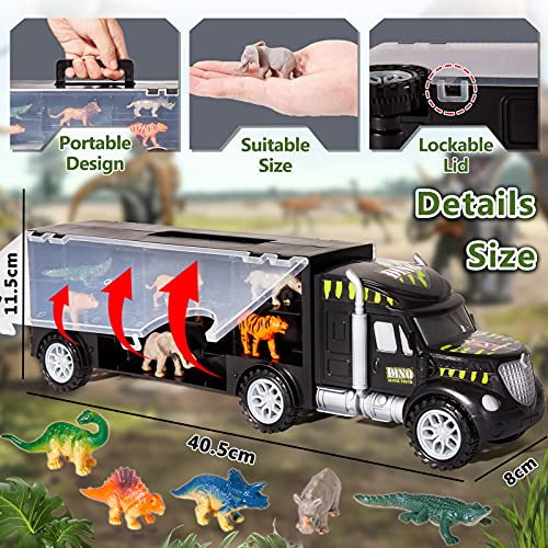 HERSITY Dinosaurios Camiones de Transporte de Juguete Transportador de Coches con 6 Animales y 6 Dinosaurios Juegos para Niños Niñas