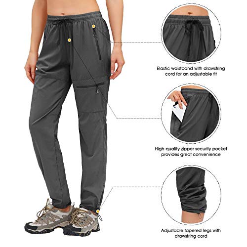 HMIYA Pantalones Trekking Mujer Pantalón de Senderismo Ligeros Secado Rápido Protección UV con Bolsillos Cremallera(Gris Oscuro，L)