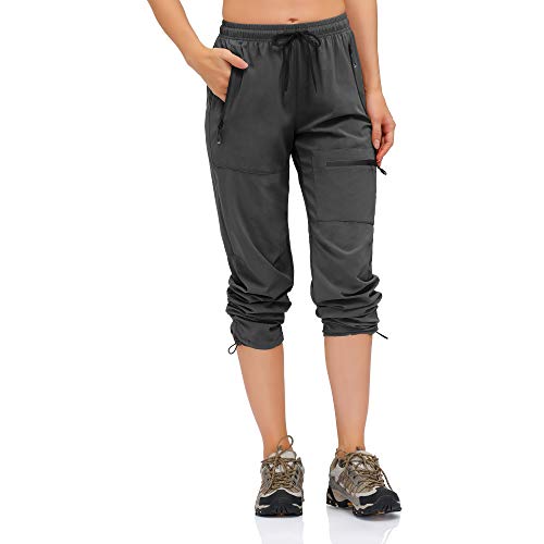 HMIYA Pantalones Trekking Mujer Pantalón de Senderismo Ligeros Secado Rápido Protección UV con Bolsillos Cremallera(Gris Oscuro，L)